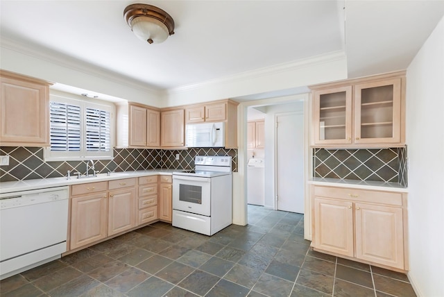 kitchen featuring light countertops, white appliances, light brown cabinets, and decorative backsplash