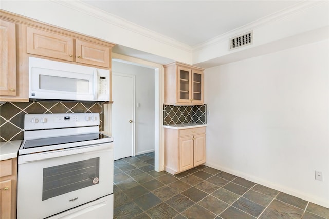 kitchen with crown molding, light countertops, visible vents, light brown cabinets, and white appliances