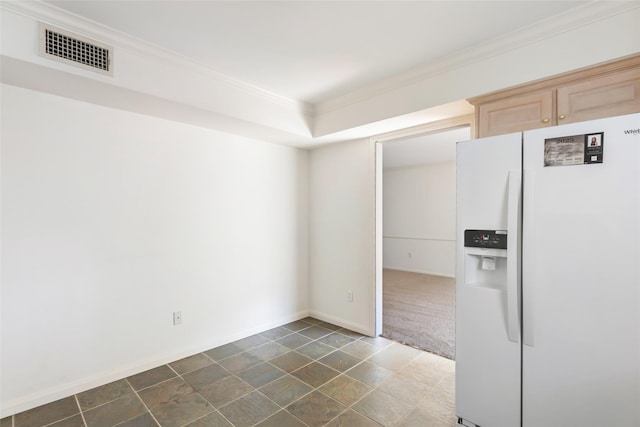 interior space with baseboards, dark colored carpet, visible vents, and crown molding