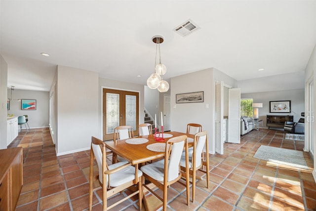 dining area featuring stairs, baseboards, visible vents, and recessed lighting