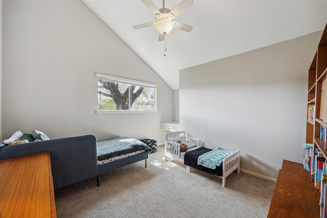 sitting room featuring ceiling fan, high vaulted ceiling, carpet, and baseboards