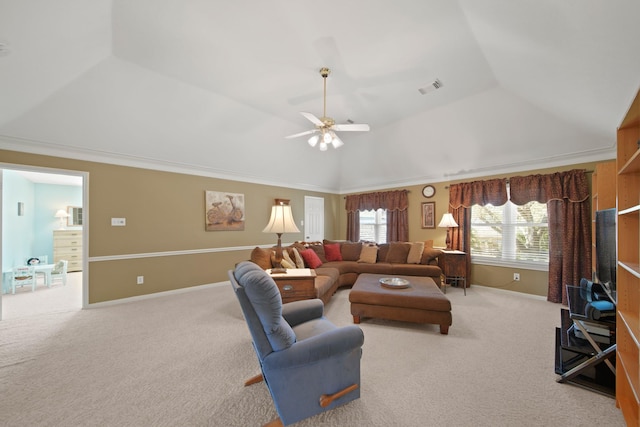 living area featuring visible vents, a raised ceiling, lofted ceiling, carpet flooring, and baseboards