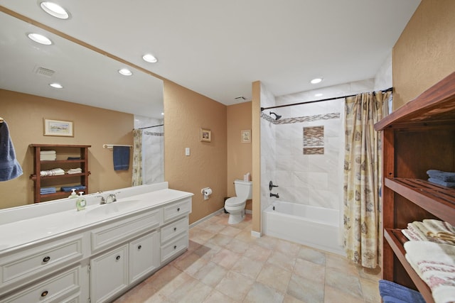 bathroom with visible vents, toilet, recessed lighting, vanity, and shower / bathtub combination with curtain