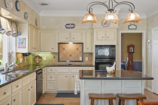 kitchen with light tile patterned floors, visible vents, a sink, black appliances, and crown molding