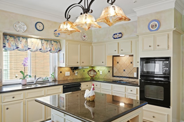 kitchen featuring a sink, decorative backsplash, black appliances, and ornamental molding