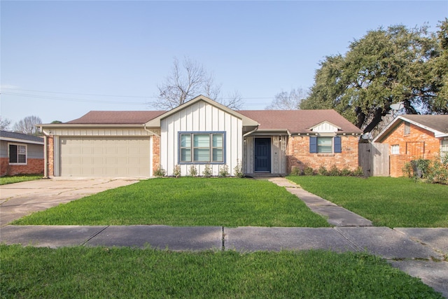 ranch-style house featuring a garage, a front yard, concrete driveway, and brick siding