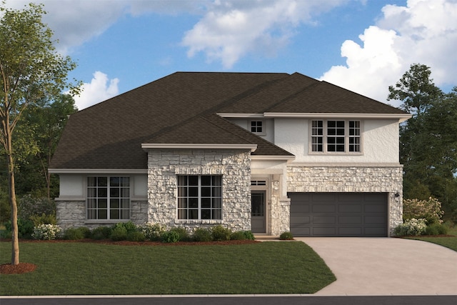 view of front of home with driveway, a garage, a shingled roof, stone siding, and a front lawn