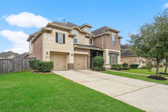 view of front of home featuring concrete driveway, fence, a front lawn, and an attached garage