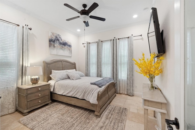 bedroom featuring ceiling fan, stone tile floors, recessed lighting, and crown molding