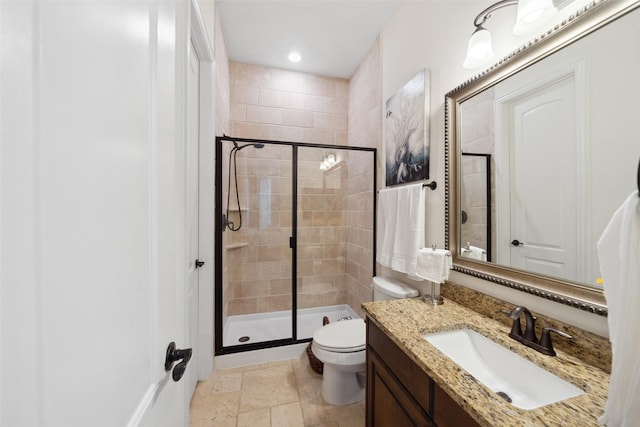 full bath with toilet, recessed lighting, stone tile floors, vanity, and a shower stall