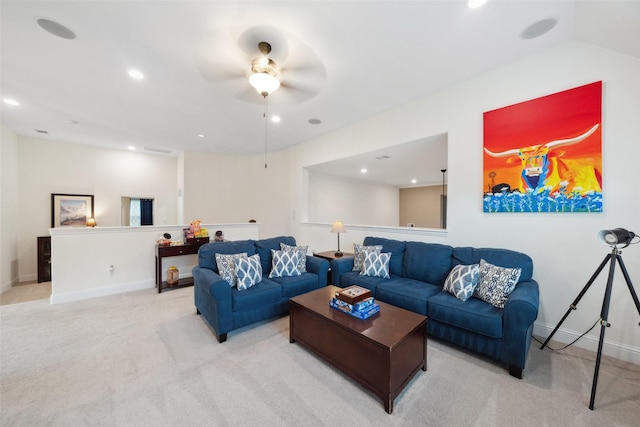 carpeted living room with baseboards and recessed lighting