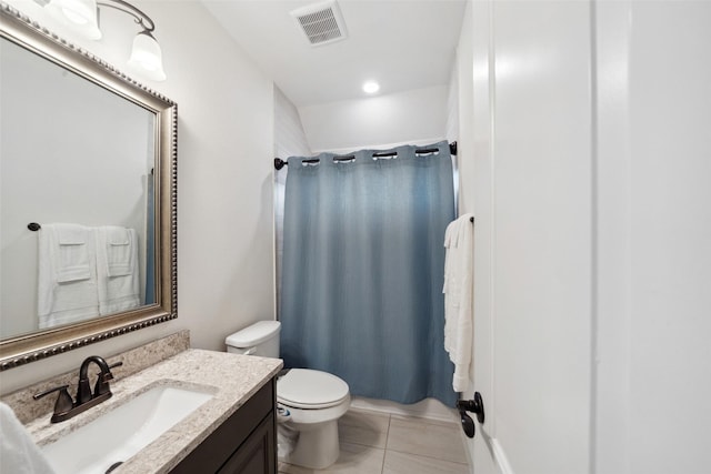 bathroom with visible vents, a shower with shower curtain, toilet, tile patterned floors, and vanity