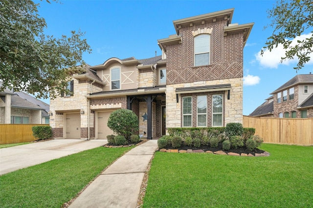 view of front of home featuring concrete driveway, fence, a garage, stone siding, and a front lawn