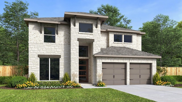 view of front facade with driveway, stone siding, fence, and a front lawn