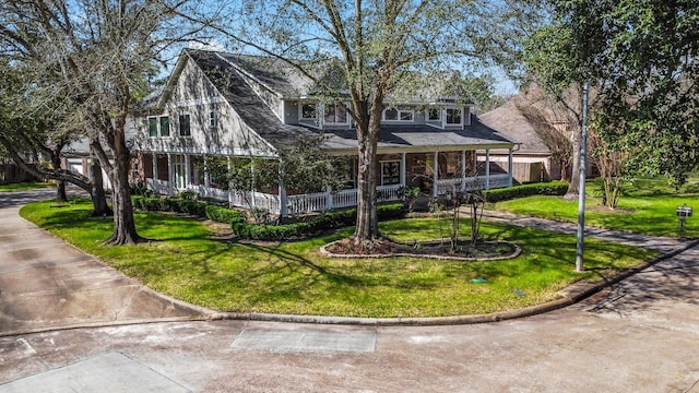 view of front of property featuring driveway, covered porch, and a front yard