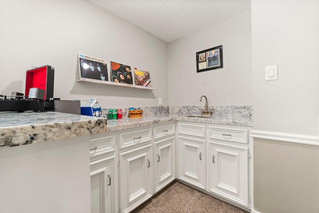 kitchen featuring white cabinets, light colored carpet, a sink, and a textured ceiling