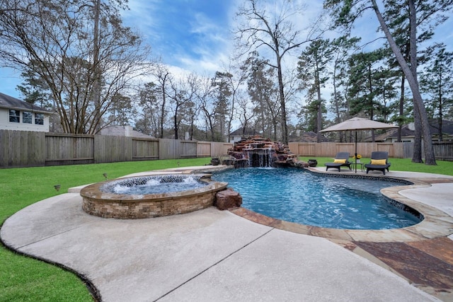 view of swimming pool with a fenced in pool, a patio area, a fenced backyard, and a yard