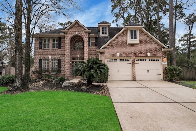 view of front of property with a garage, concrete driveway, fence, a front lawn, and brick siding