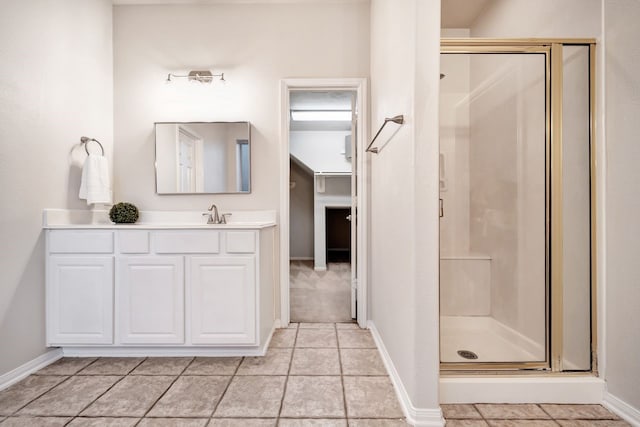 bathroom featuring a stall shower, tile patterned flooring, and vanity