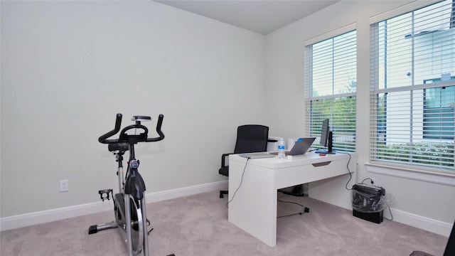 office area featuring light colored carpet and baseboards