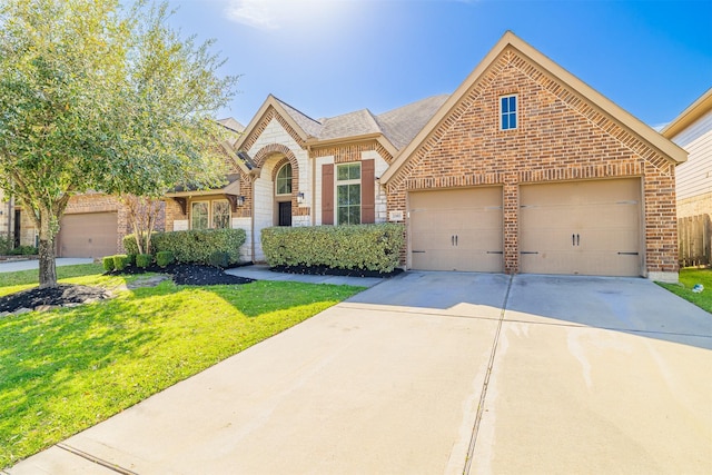 view of front of house with an attached garage, driveway, brick siding, and a front yard