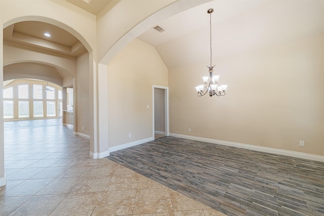 23403 Clark Arbor Ln, Katy, TX 77493 - empty room with high vaulted ceiling, visible vents, and baseboards