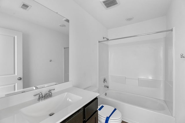 full bathroom with toilet, bathing tub / shower combination, visible vents, and vanity