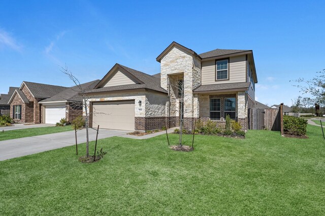 traditional-style house featuring a garage, brick siding, stone siding, concrete driveway, and a front lawn