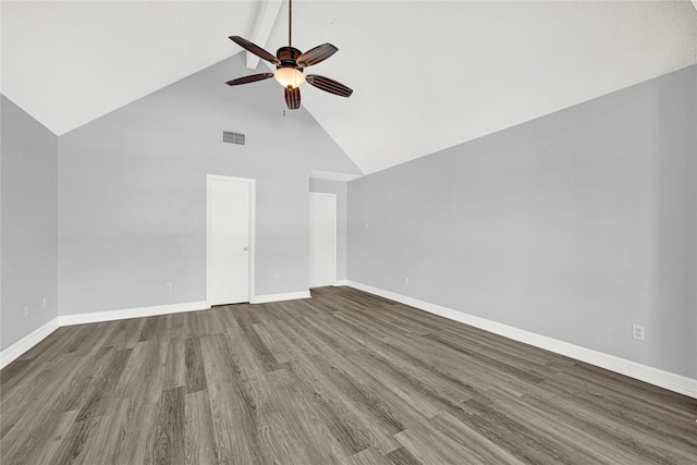 interior space featuring visible vents, baseboards, a ceiling fan, and wood finished floors