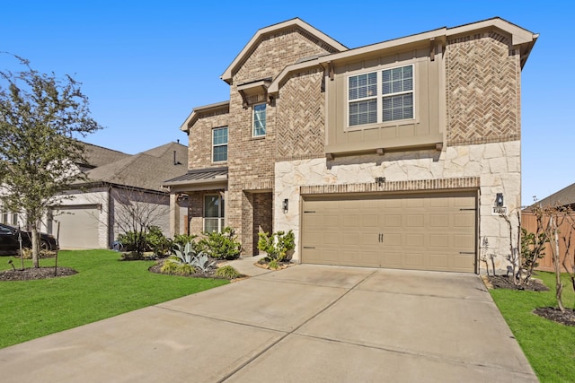 view of front facade with driveway, brick siding, a standing seam roof, and a front yard