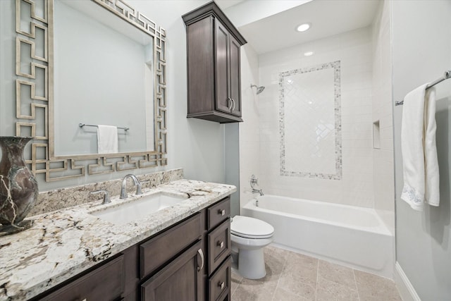 bathroom featuring baseboards, toilet, vanity, washtub / shower combination, and recessed lighting