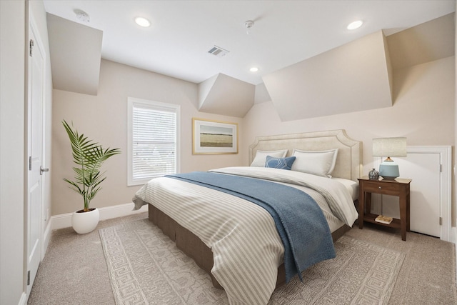 bedroom featuring lofted ceiling, recessed lighting, light colored carpet, visible vents, and baseboards