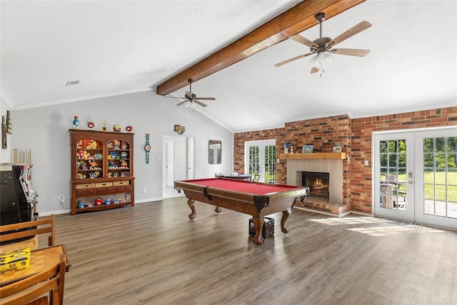 game room with french doors, vaulted ceiling with beams, baseboards, and wood finished floors