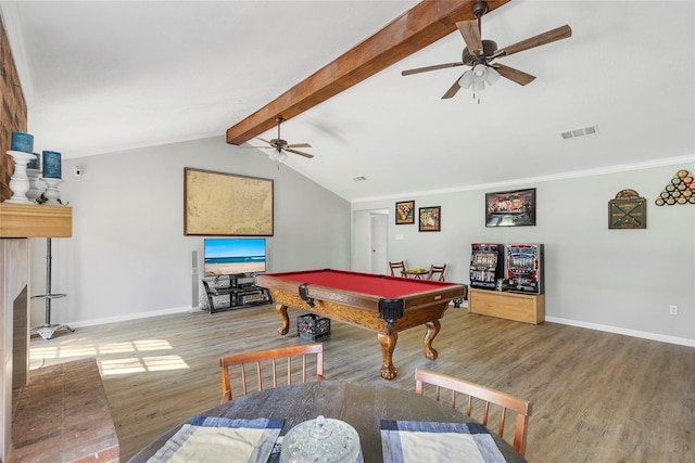 rec room with vaulted ceiling with beams, pool table, wood finished floors, visible vents, and baseboards