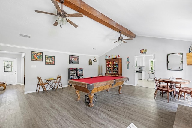 game room featuring visible vents, ceiling fan, wood finished floors, pool table, and vaulted ceiling with beams