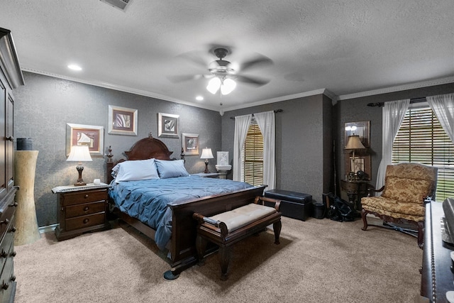 bedroom with a textured ceiling, crown molding, a ceiling fan, and light colored carpet