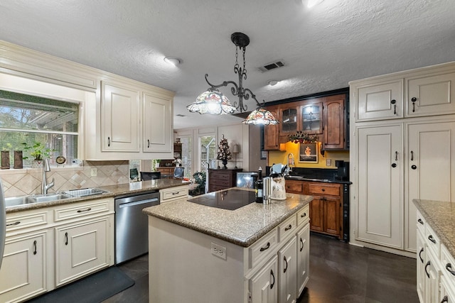 kitchen with visible vents, dishwasher, a center island, black electric stovetop, and a sink