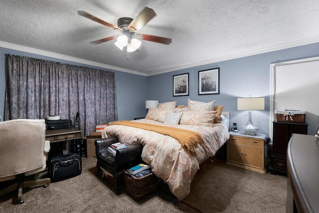 carpeted bedroom featuring a textured ceiling, a ceiling fan, and crown molding