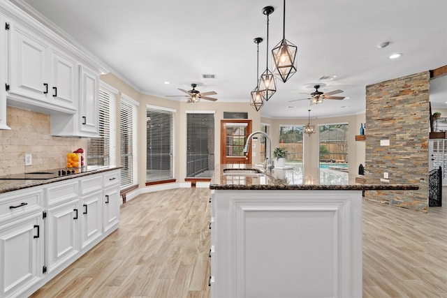 kitchen featuring tasteful backsplash, light wood-type flooring, visible vents, and a sink