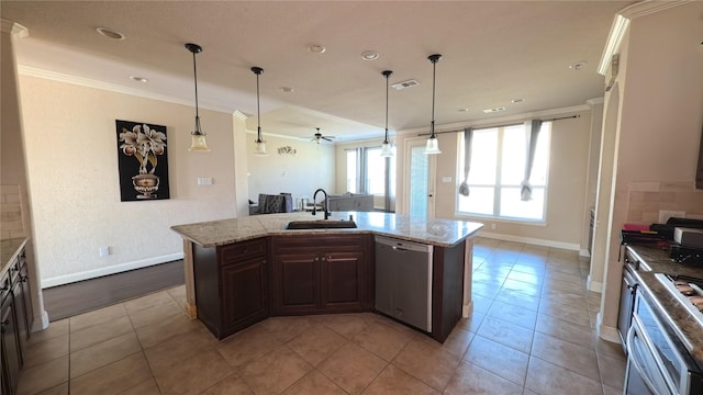 kitchen featuring light stone counters, a sink, ornamental molding, stainless steel dishwasher, and a center island with sink