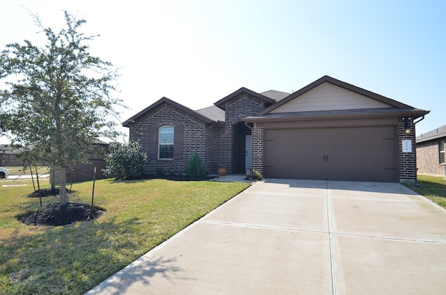 single story home featuring concrete driveway, brick siding, and a front yard