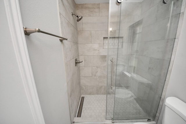 full bathroom with toilet and a shower stall