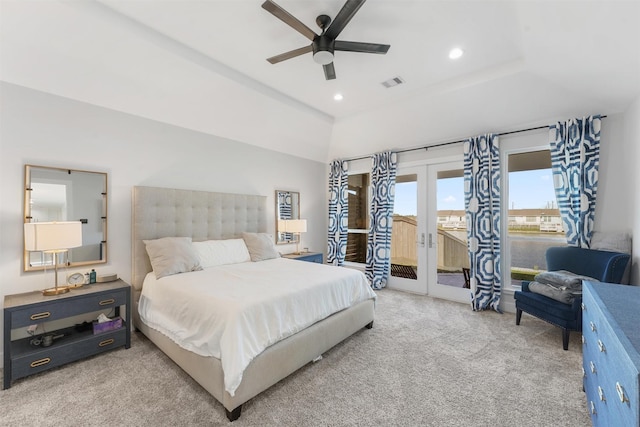 bedroom with recessed lighting, light carpet, visible vents, access to exterior, and french doors