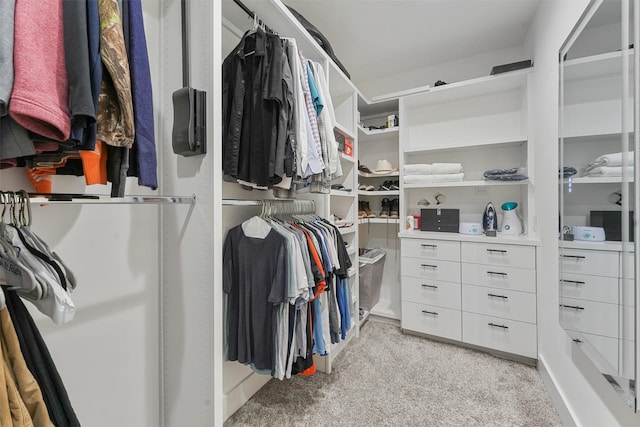 spacious closet featuring light colored carpet