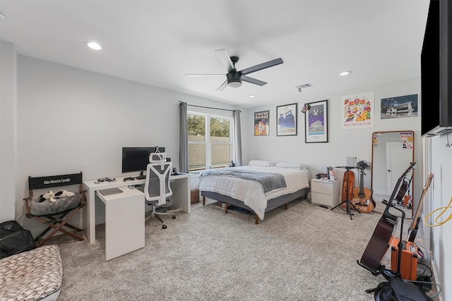 bedroom featuring a ceiling fan, recessed lighting, light carpet, and visible vents