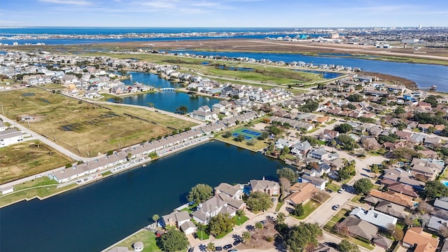 aerial view with a water view and a residential view