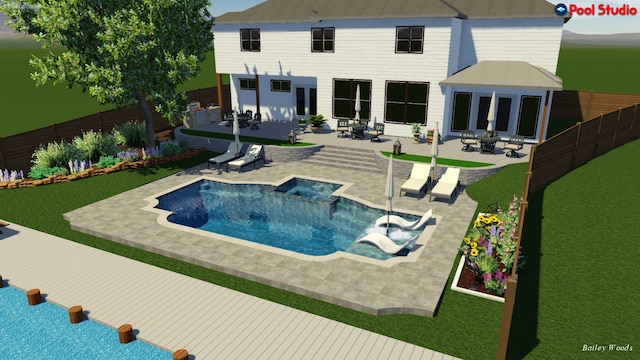 back of house featuring a pool with connected hot tub, a patio area, and fence