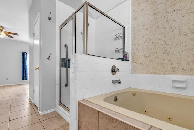 full bathroom with a ceiling fan, a stall shower, tile patterned flooring, a tub with jets, and wallpapered walls