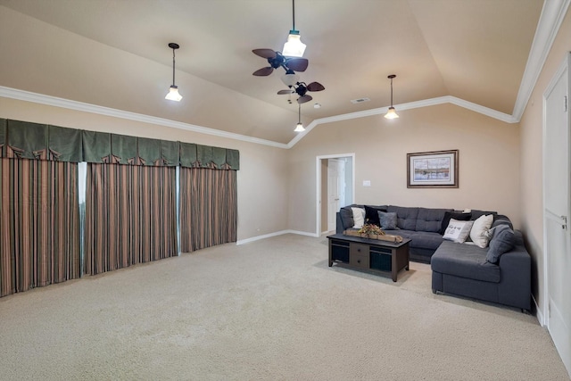 living area with lofted ceiling, carpet flooring, a ceiling fan, and crown molding