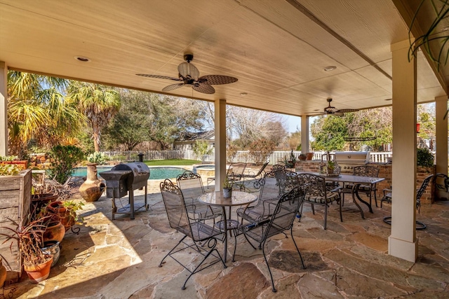 view of patio with ceiling fan, outdoor dining area, a fenced backyard, grilling area, and a fenced in pool